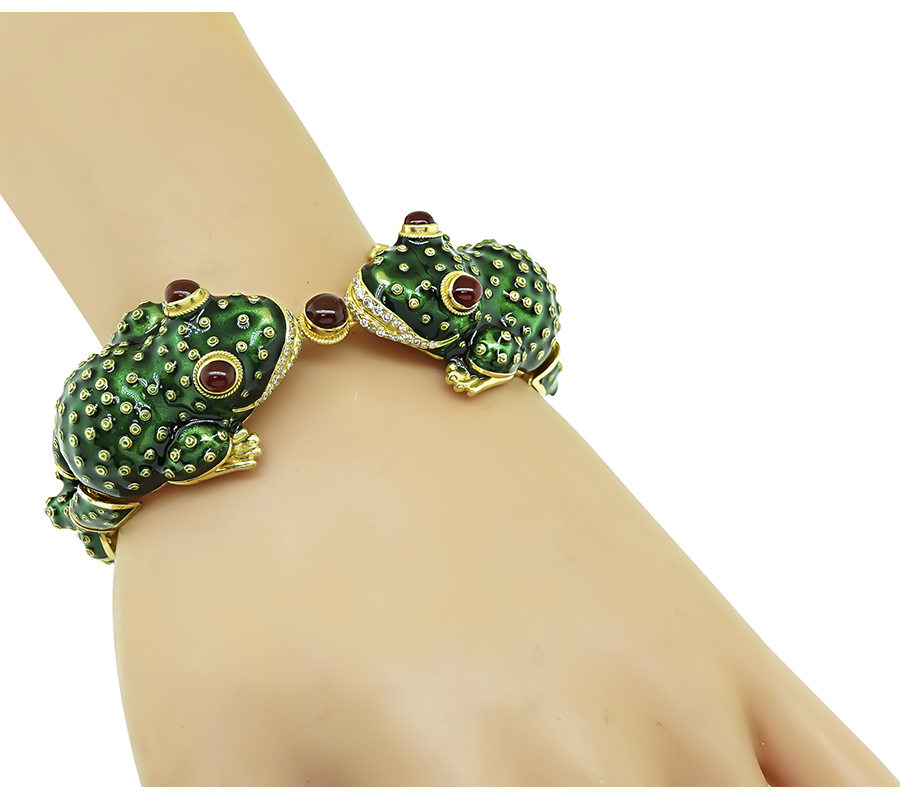 Vintage Diamond Ruby Enamel Frog Bracelet