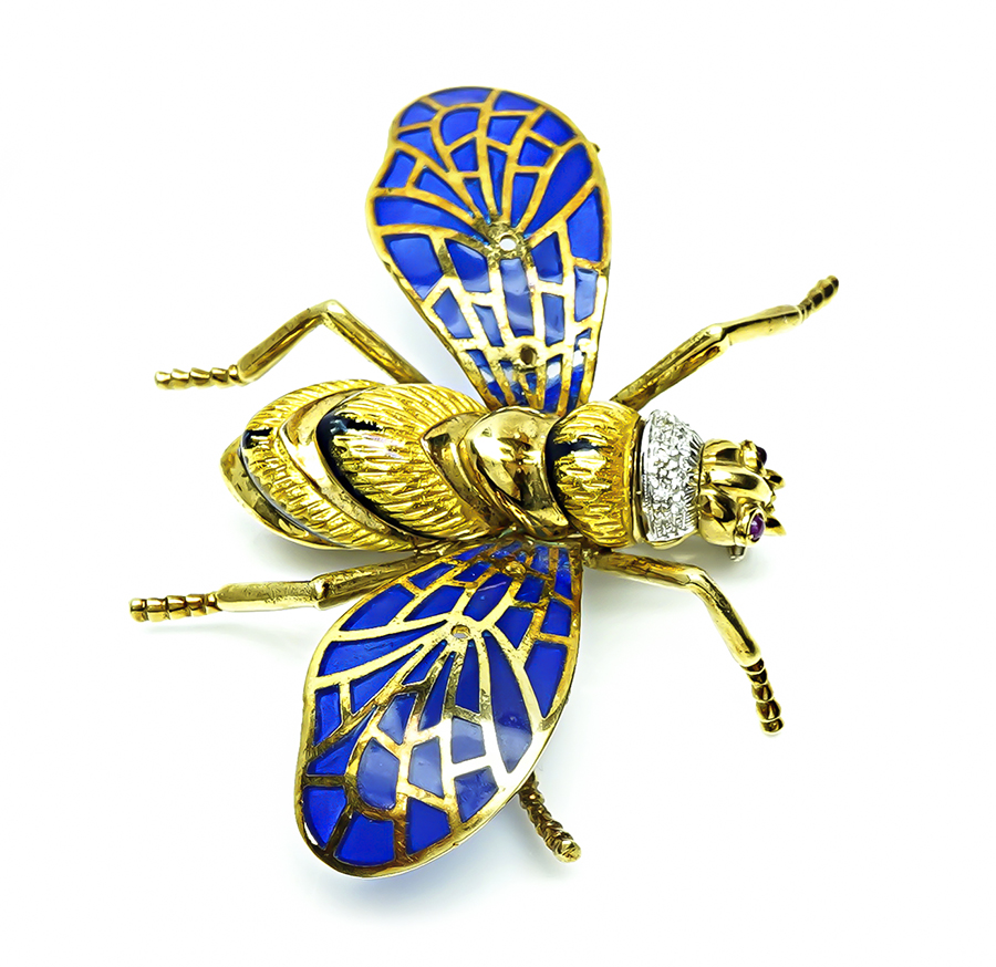 Estate Diamond Enamel Gold Plique-a-jour Bee Pin