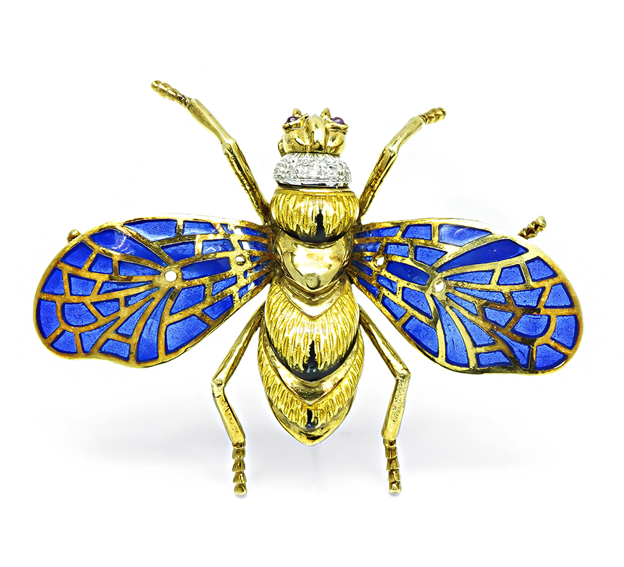 Estate Diamond Enamel Gold Plique-a-jour Bee Pin