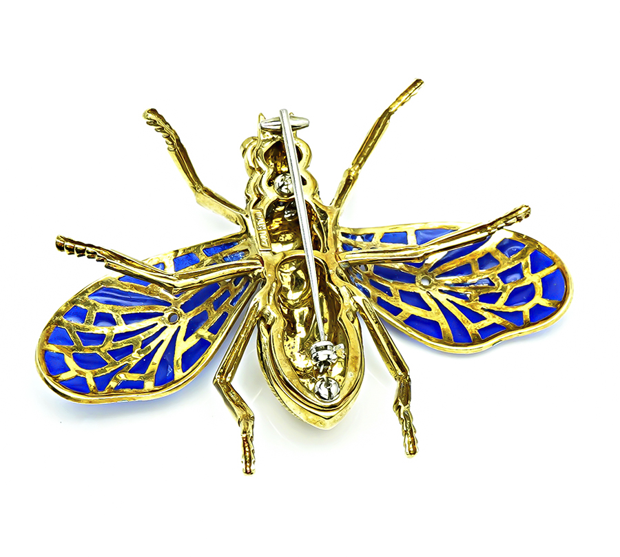 Estate Diamond Enamel Gold Plique-a-jour Bee Pin