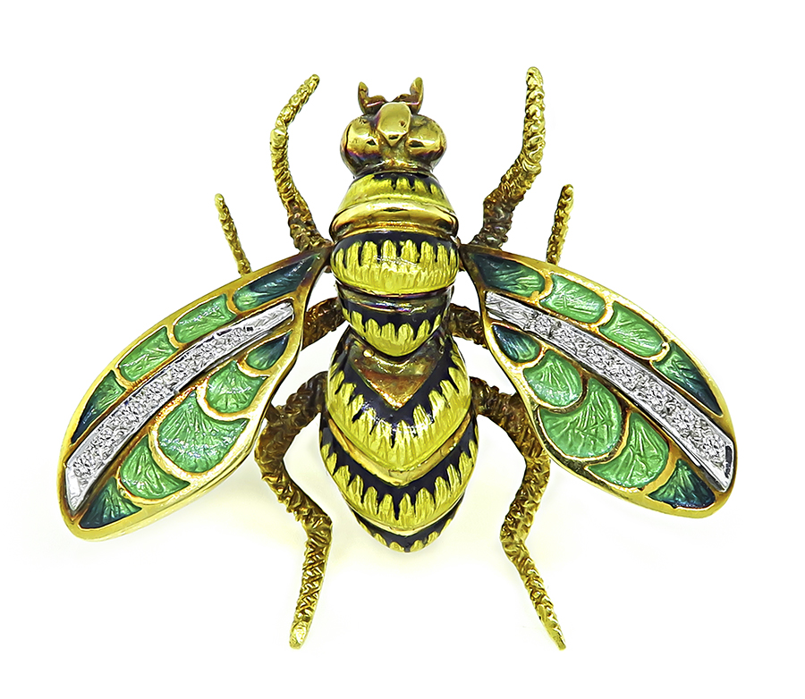 Estate Diamond Enamel Queen Bee Pin