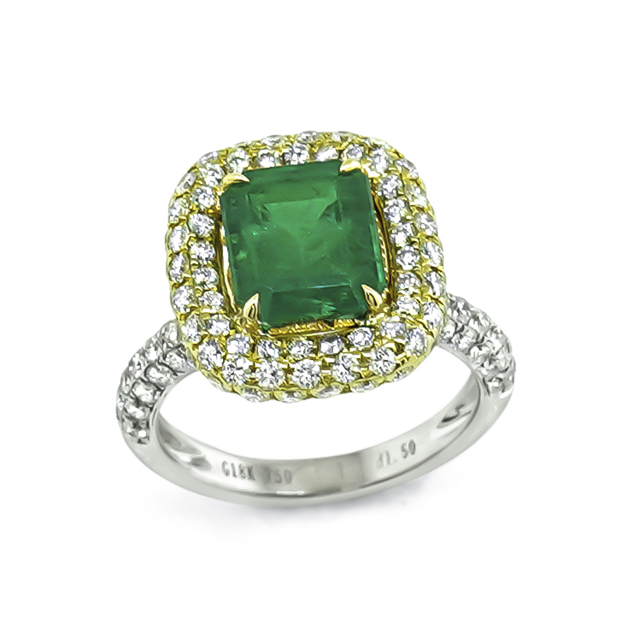 Estate GIA 2.51ct Colombian Emerald 1.50ct Diamond Engagement Ring