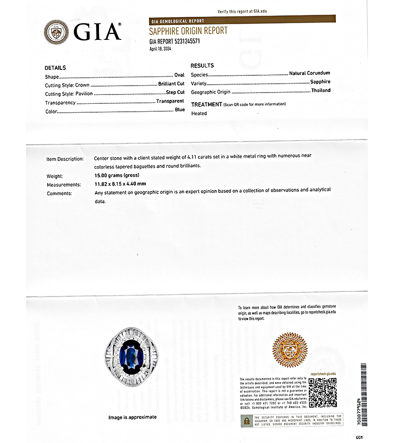 Estate GIA Certified 4.11ct Sapphire 1.23ct Diamond Ring