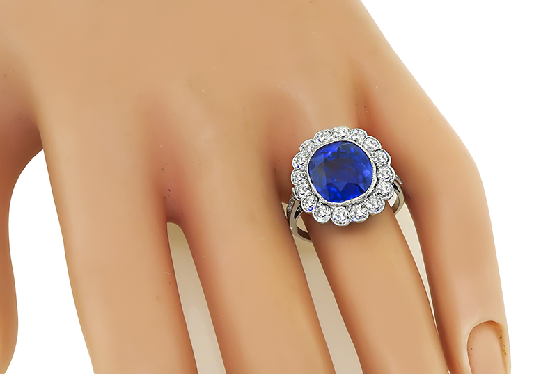 Cushion Cut Sri Lanka Sapphire Old European Cut Diamond Platinum Engagement Ring
