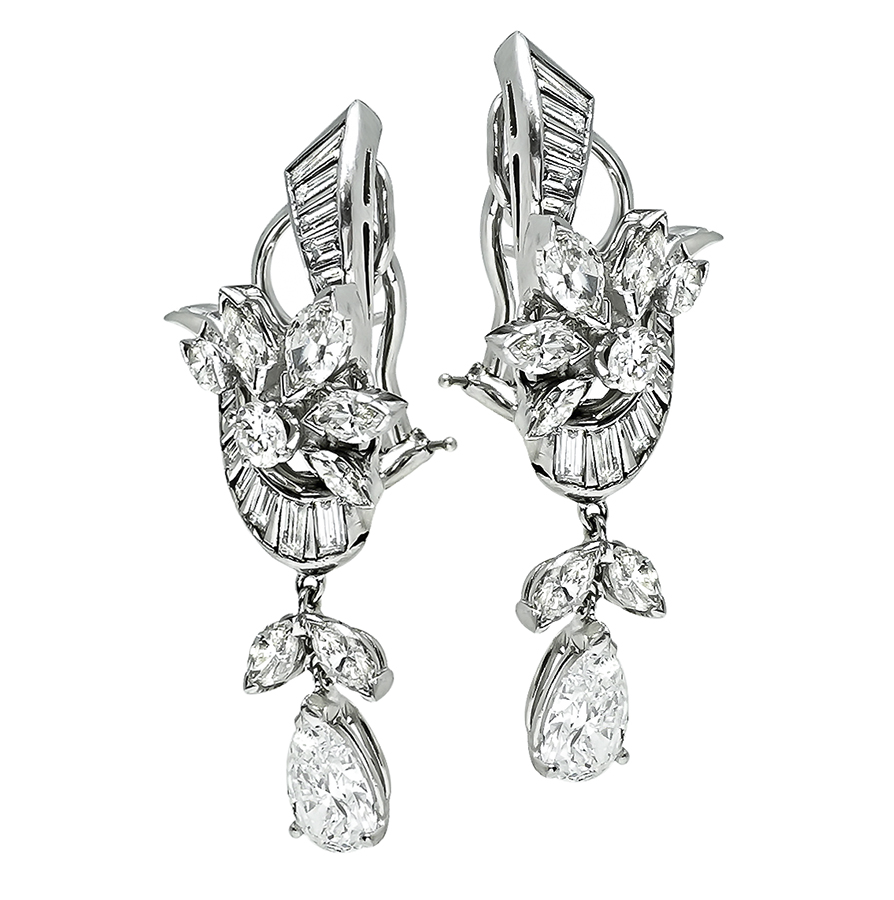 Estate GIA 2.23ct Pear Shape Diamond 7.00ct Side Diamond Earrings