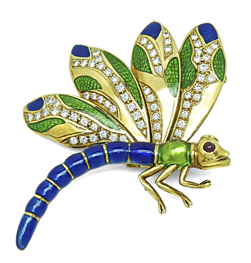 Estate Judith Lieber 2.00ct Diamond Enamel Gold Dragonfly Pin