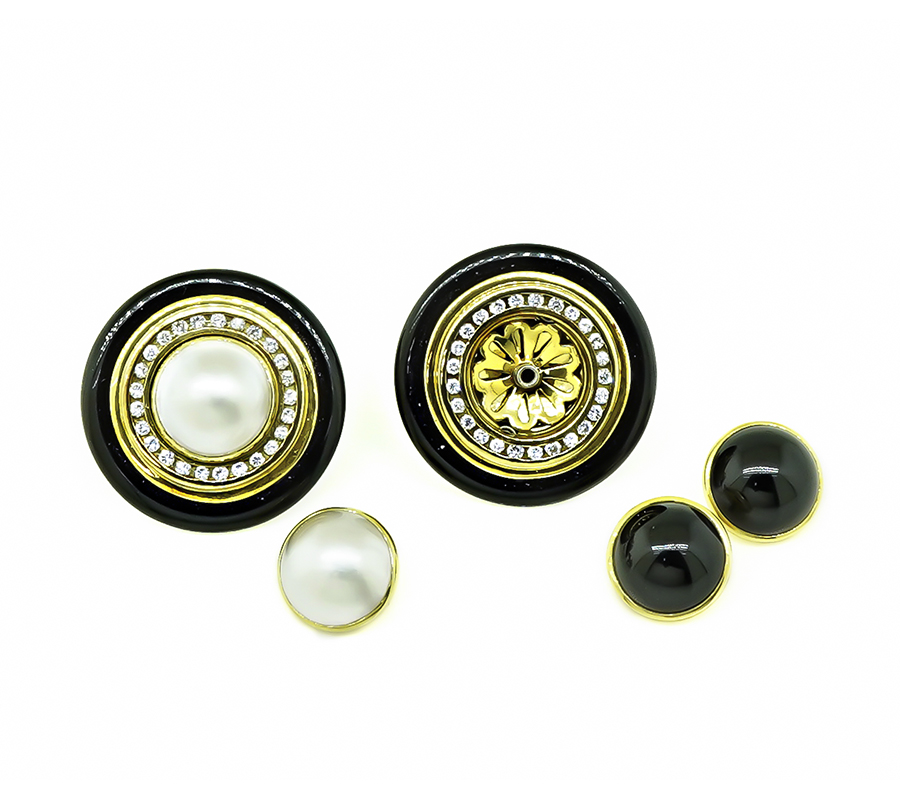 Estate Lagos 1.50ct Diamond Onyx Interchangeable Center Gold Earrings