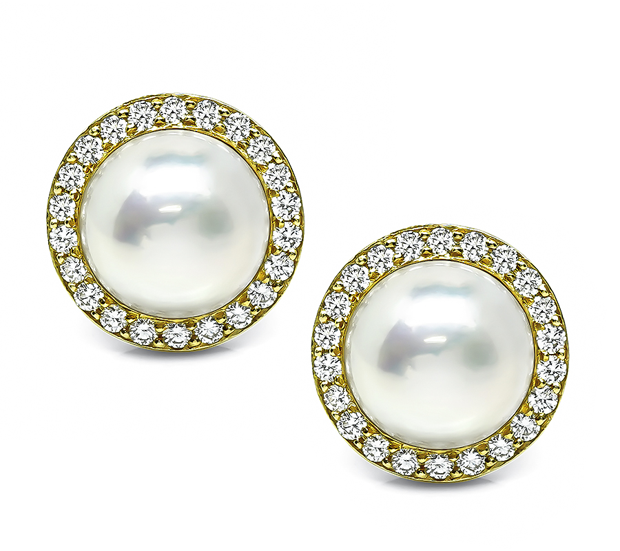 Estate Mabe Pearl 2.00ct Diamond Gold Earrings