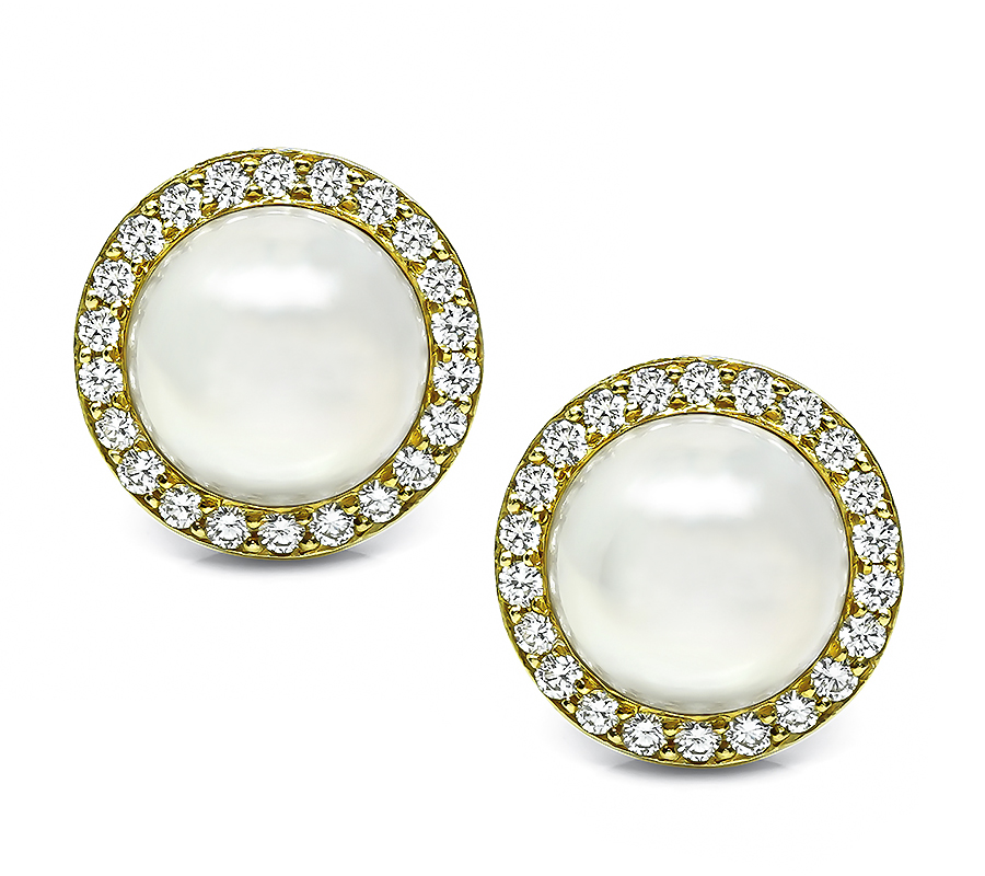Estate Mabe Pearl 2.00ct Diamond Gold Earrings