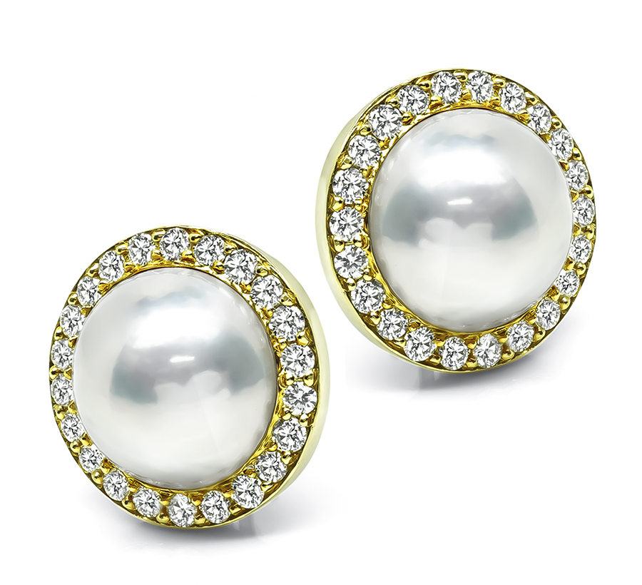 Estate Mabe Pearl 2.00ct Diamond Gold Earrings