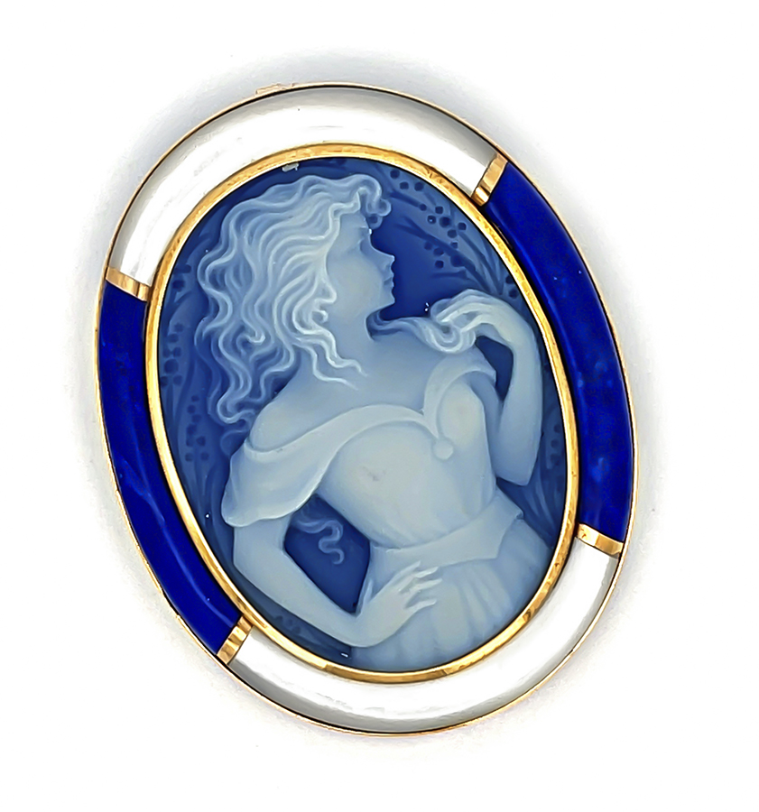 Estate Mother of Pearl Lapis The Girl Cameo Pin / Pendant