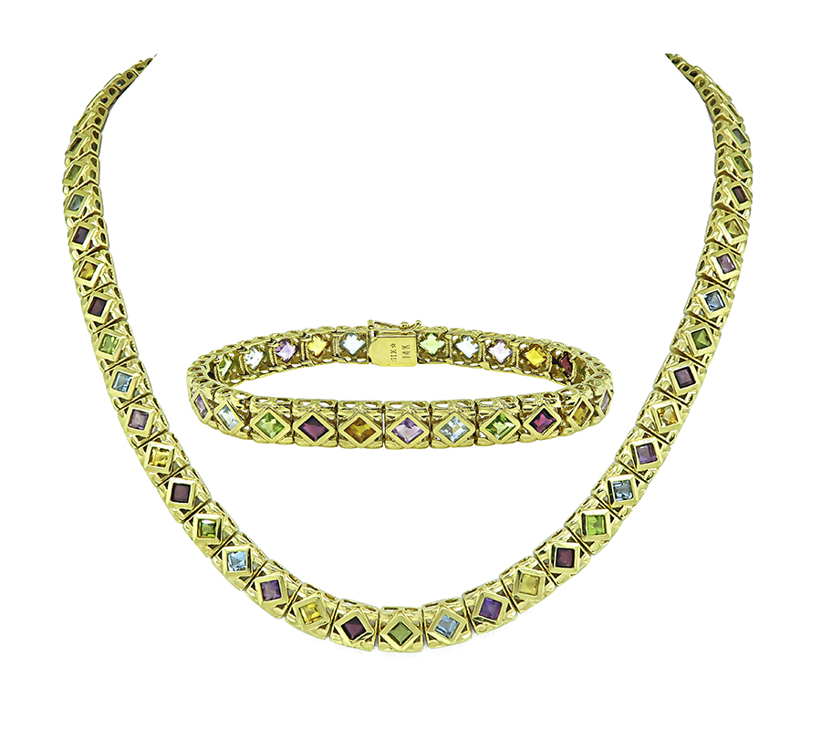 Estate 22.00ct Multi Color Gemstone Gold Bracelet and Necklace Set