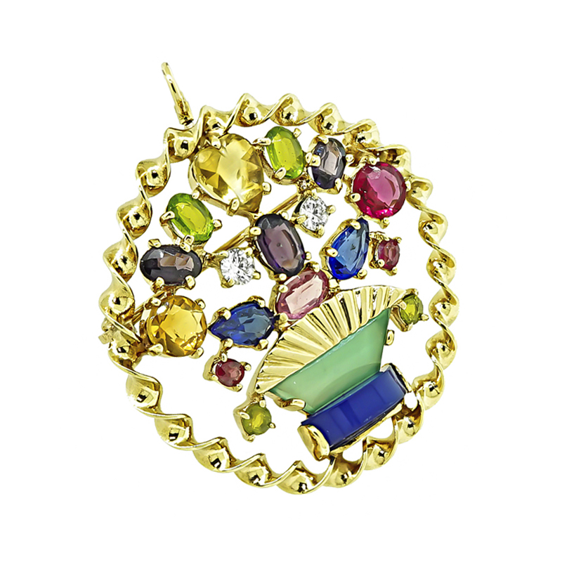 Estate Multi Color Gemstone Gold Pin / Pendant