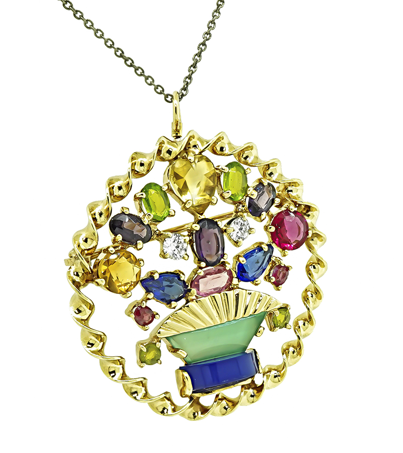 Estate Multi Color Gemstone Gold Pin / Pendant
