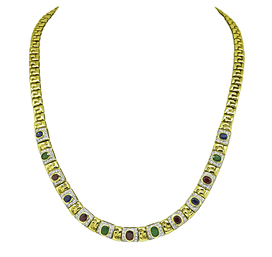 Estate 6.50ct Multi Color Precious Stone Gold Necklace