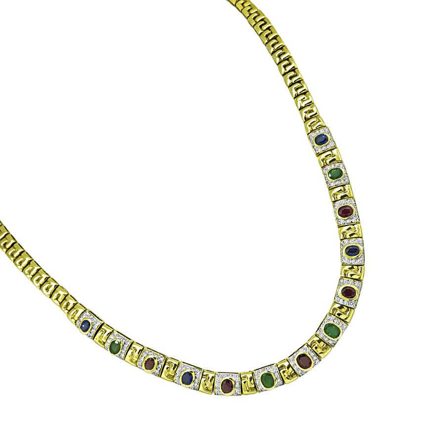 Estate 6.50ct Multi Color Precious Stone Gold Necklace