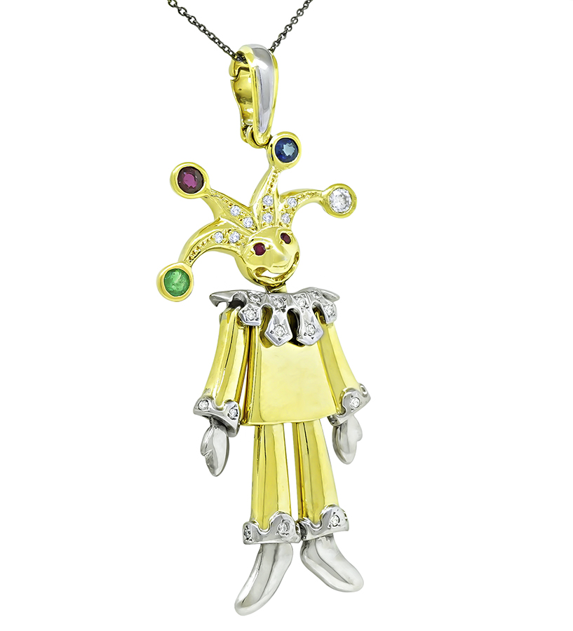 Estate Multi Precious Gemstone Diamond Gold Clown Pendant