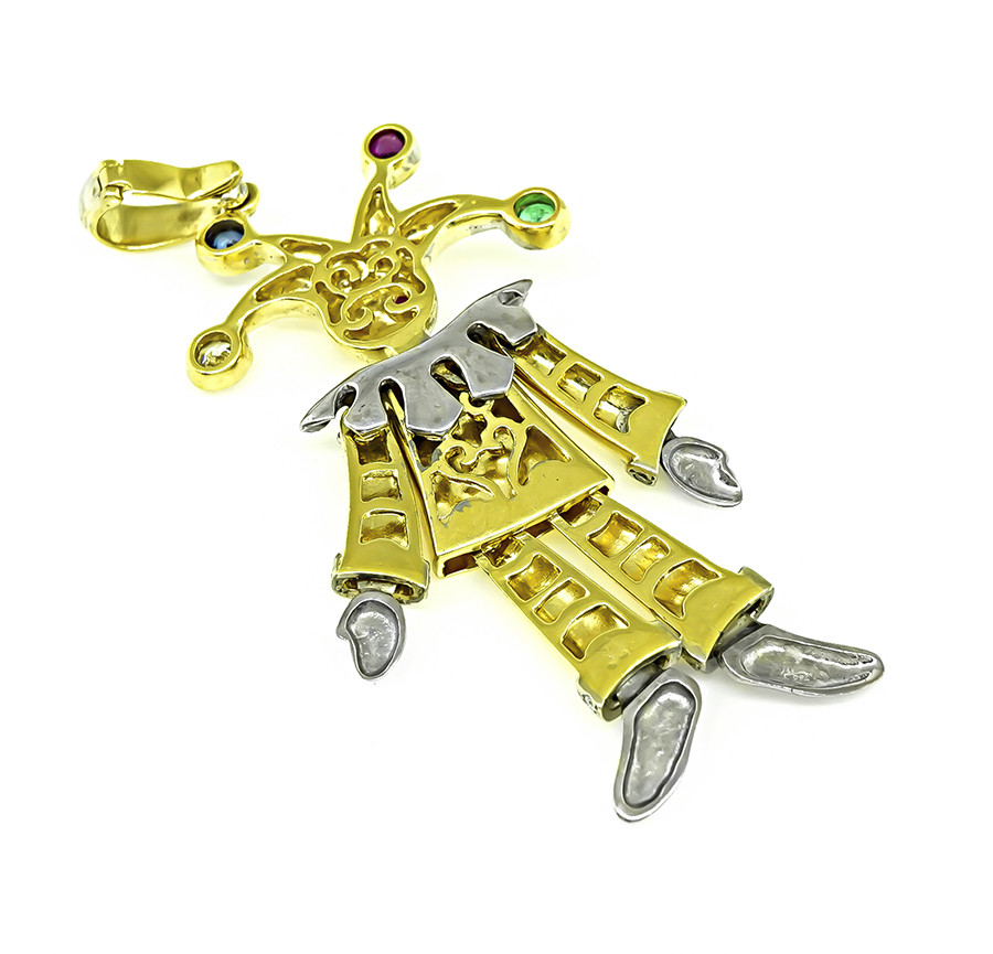 Estate Multi Precious Gemstone Diamond Gold Clown Pendant