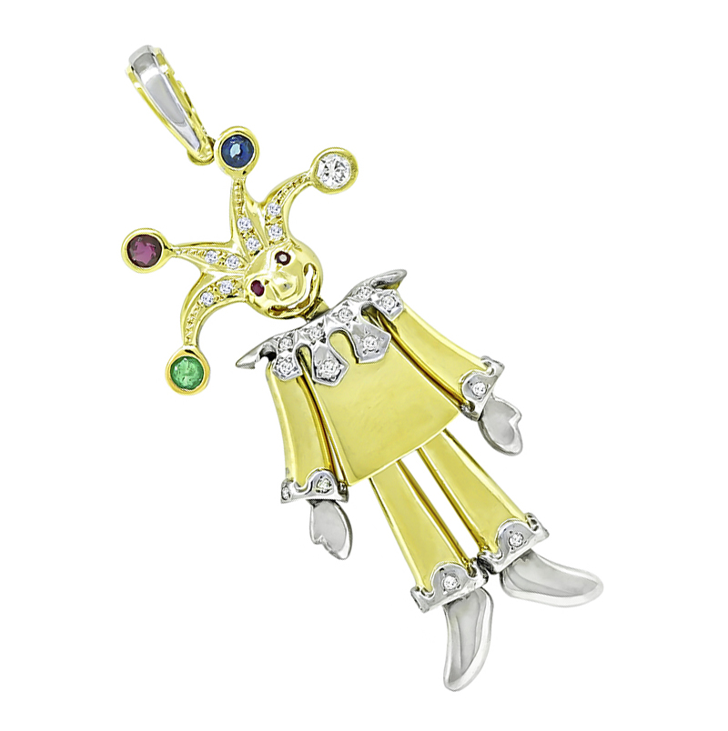 Estate Multi Precious Gemstone Diamond Gold Clown Pendant