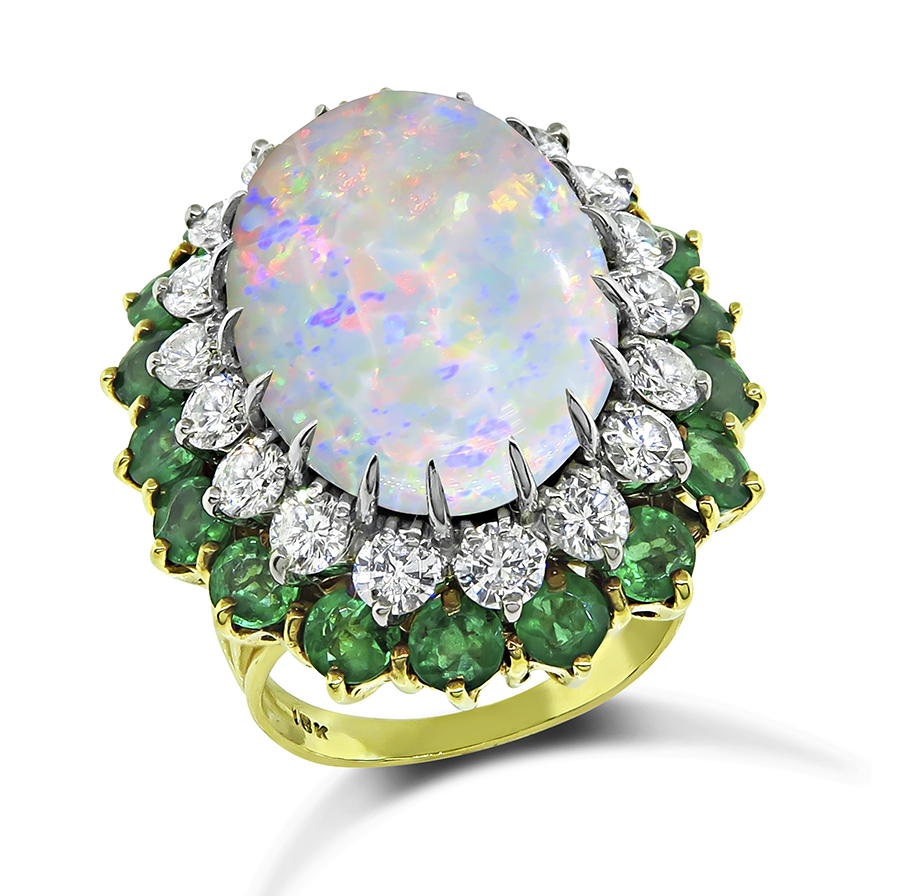 Cabochon Opal Round Cut Diamond and Emerald 18k Yellow and White Gold Ring