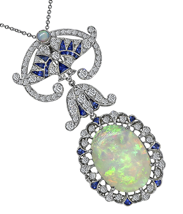 Estate 18.60ct Opal 2.00ct Diamond Sapphire Pendant Necklace