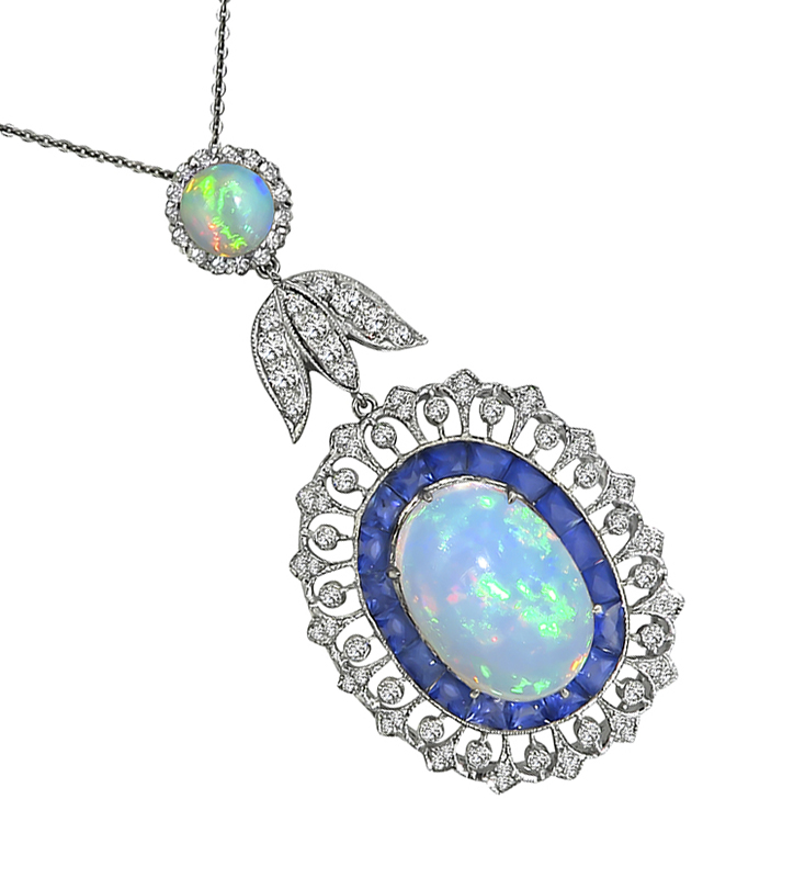Estate 15.04ct Opal 4.15ct Sapphire 1.83ct Diamond Pendant Necklace