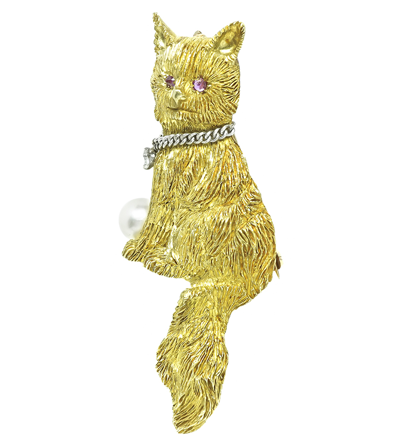Estate Pearl Diamond Gold Cat Pin