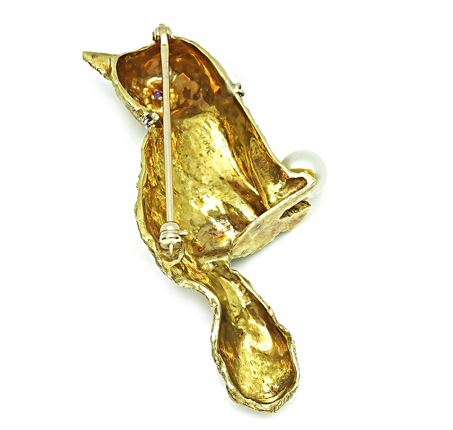 Estate Pearl Diamond Gold Cat Pin