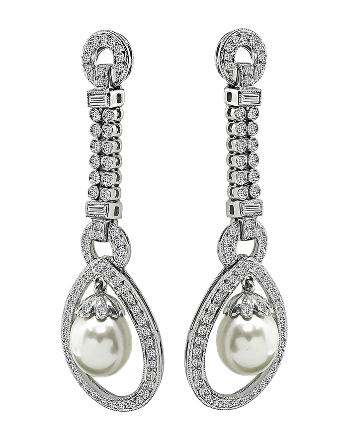 Estate 2.50ct Diamond Pearl Dangling Earrings
