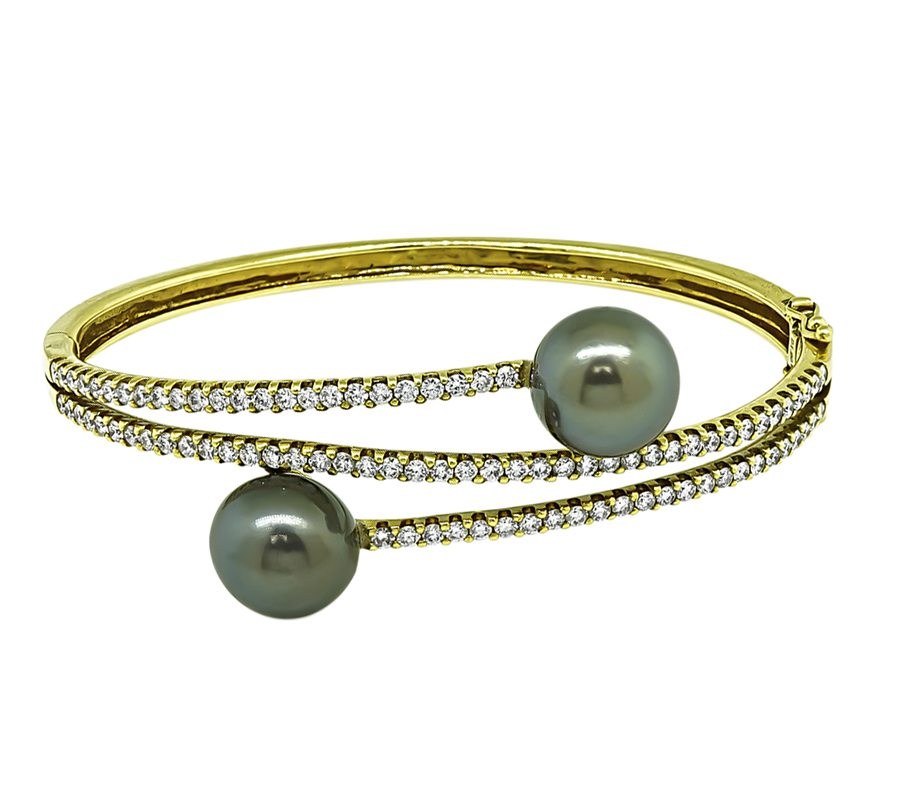 Estate Pearl 2.50ct Diamond Gold Bangle