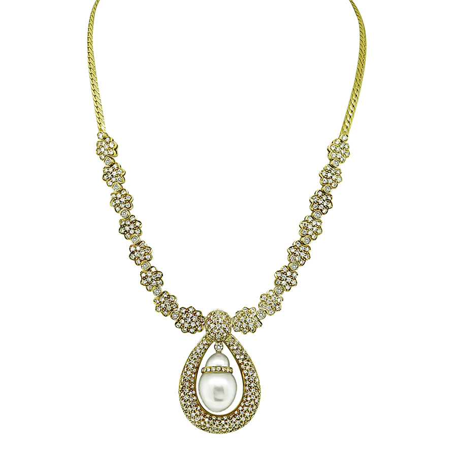 Estate South Sea Pearl 10.00ct Diamond Gold Necklace