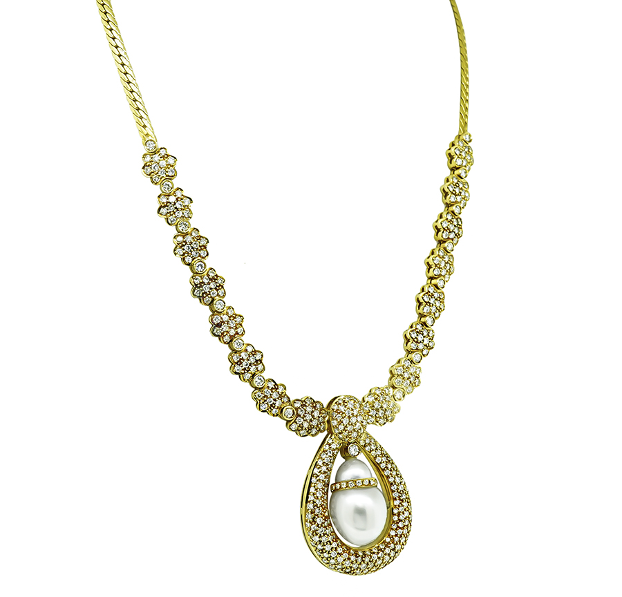 Estate South Sea Pearl 10.00ct Diamond Gold Necklace