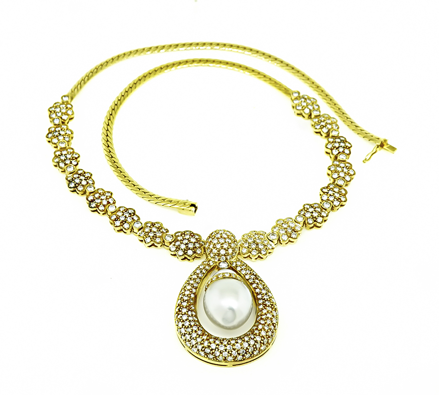 Estate South Sea Pearl 10.00ct Diamond Gold Necklace