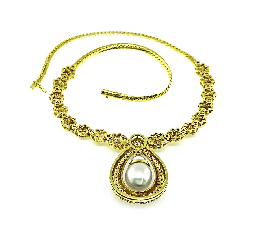 Estate South Sea Pearl 10.00ct Diamond Gold Necklace