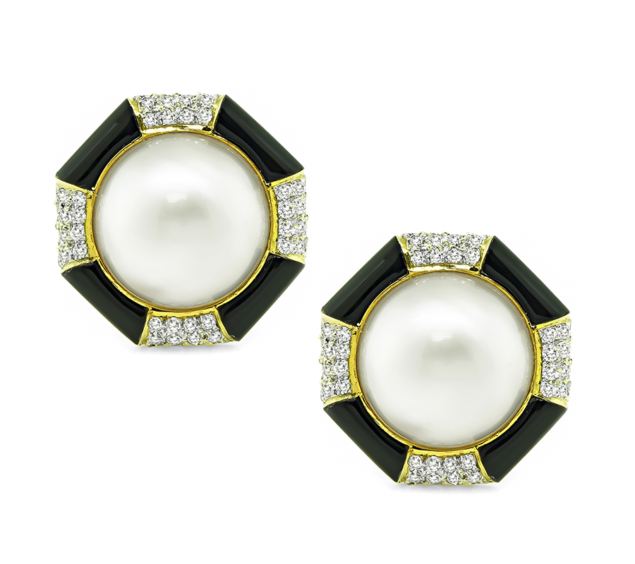 Estate 1.90ct Diamond Onyx Pearl Earrings