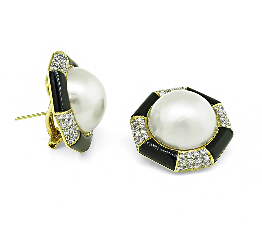 Estate 1.90ct Diamond Onyx Pearl Earrings