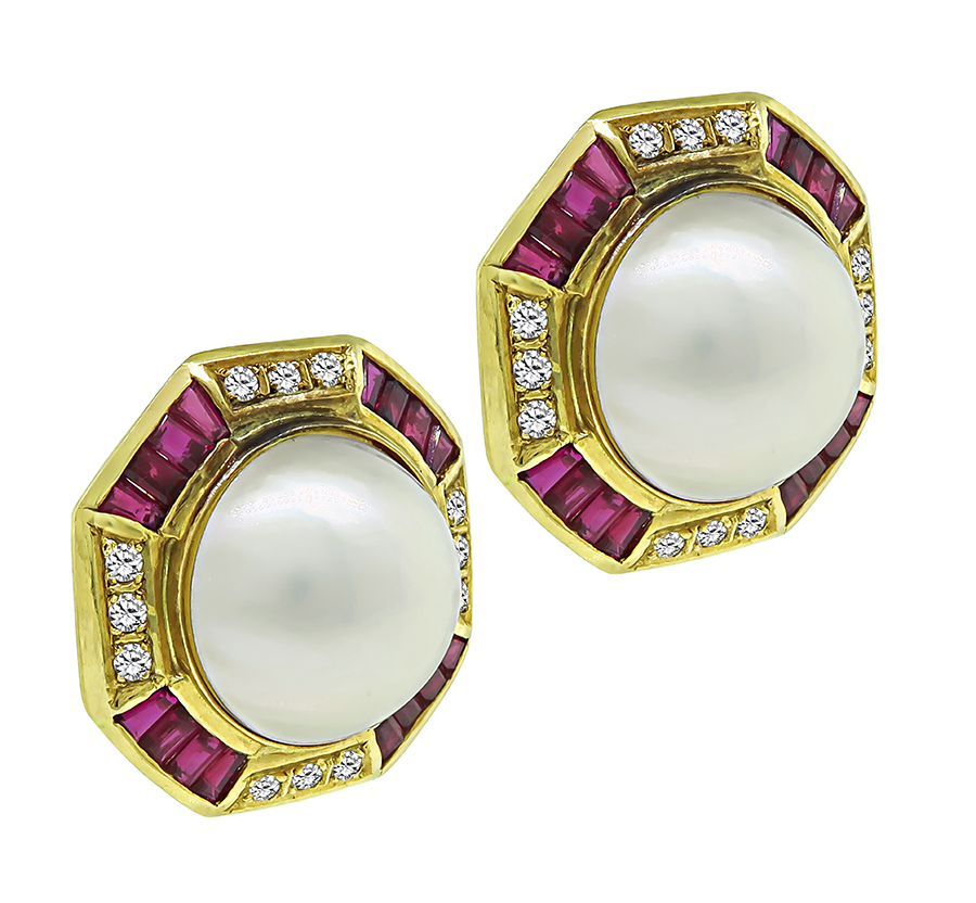 Estate Mabe Pearl 0.70ct Diamond 2.00ct Ruby Gold Earrings