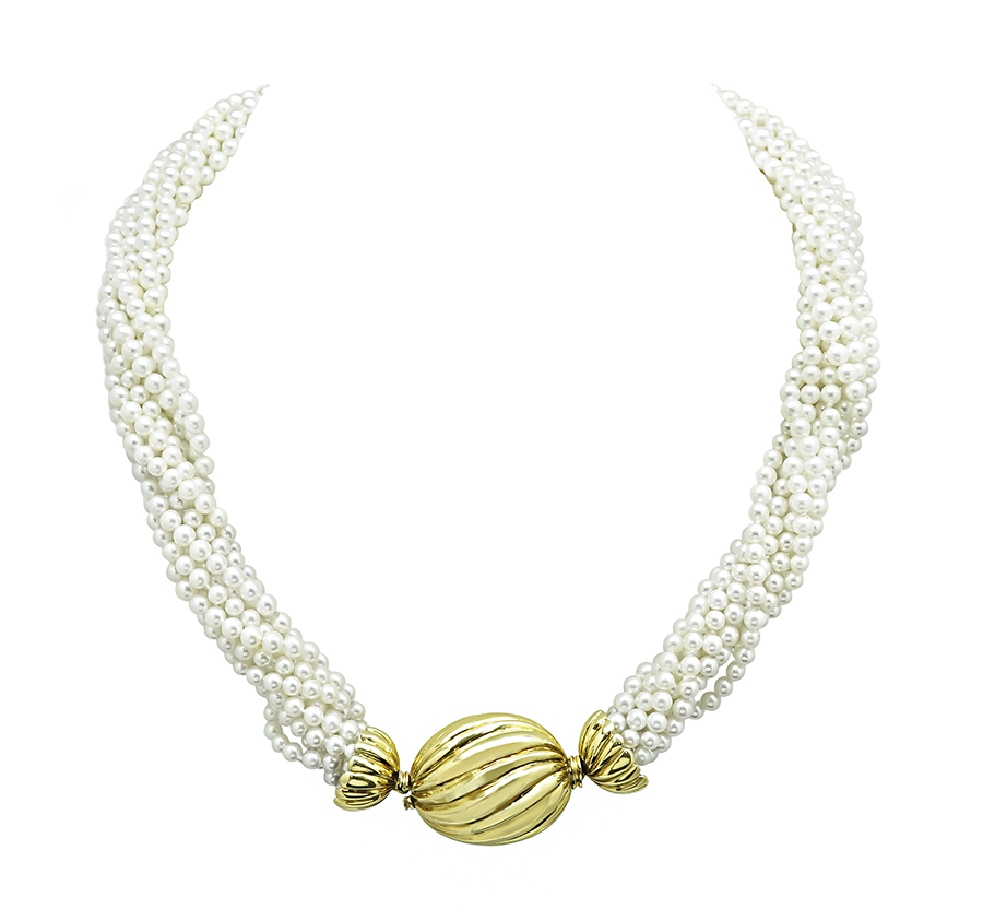 Estate Gold Candy Wrapper Clasp Multi Strand Pearl Necklace