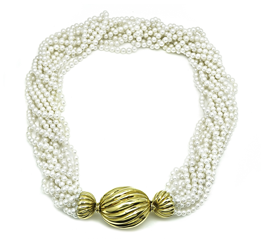 Estate Gold Candy Wrapper Clasp Multi Strand Pearl Necklace