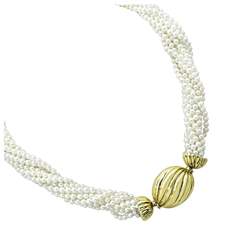 Estate Gold Candy Wrapper Clasp Multi Strand Pearl Necklace