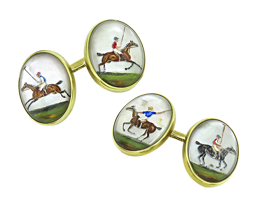 Vintage Polo Theme Intaglio Gold Cufflinks