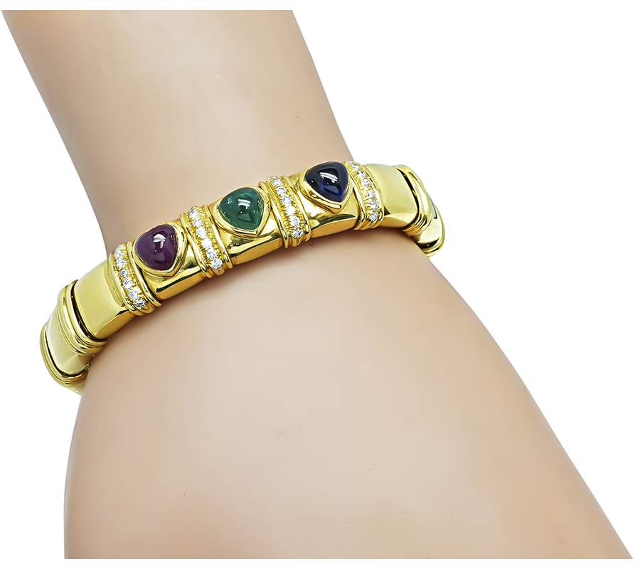 Estate 7.50ct Ruby Emerald and Sapphire 0.50ct Diamond Gold Bangle