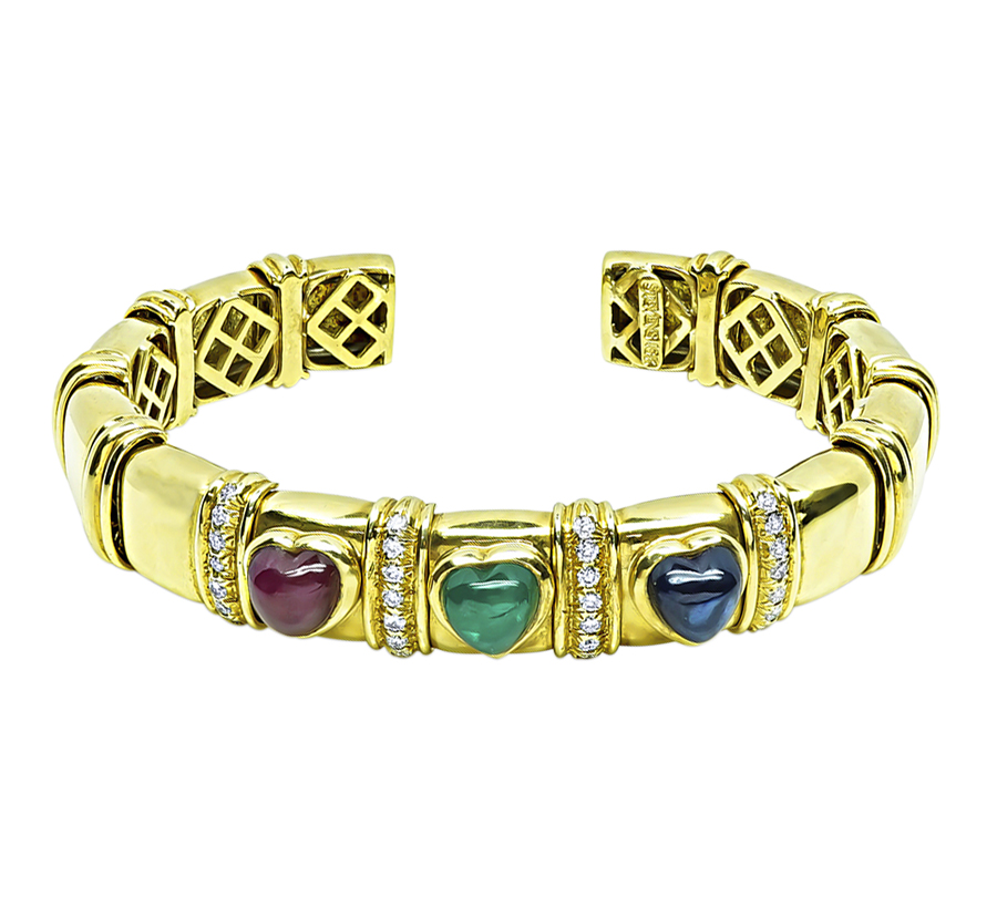 Estate 7.50ct Ruby Emerald and Sapphire 0.50ct Diamond Gold Bangle