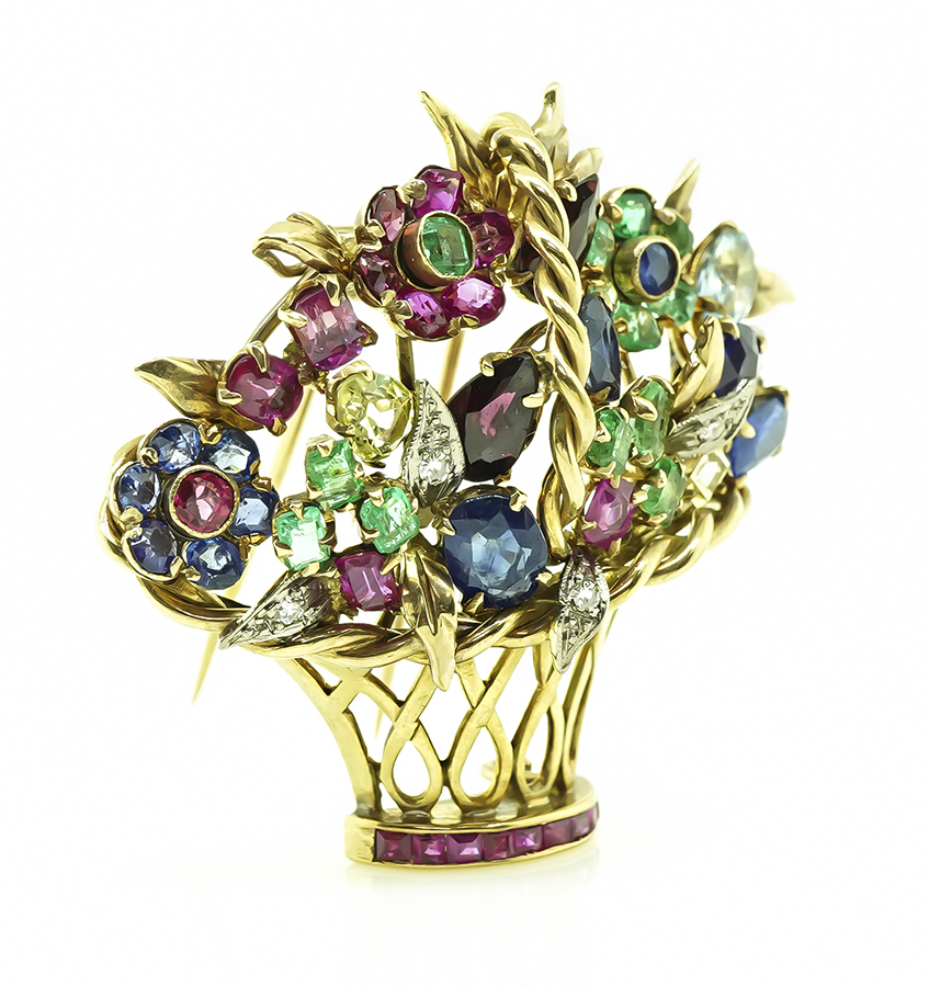 Estate Multi Color Precious Gemstone Gold Basket Pin