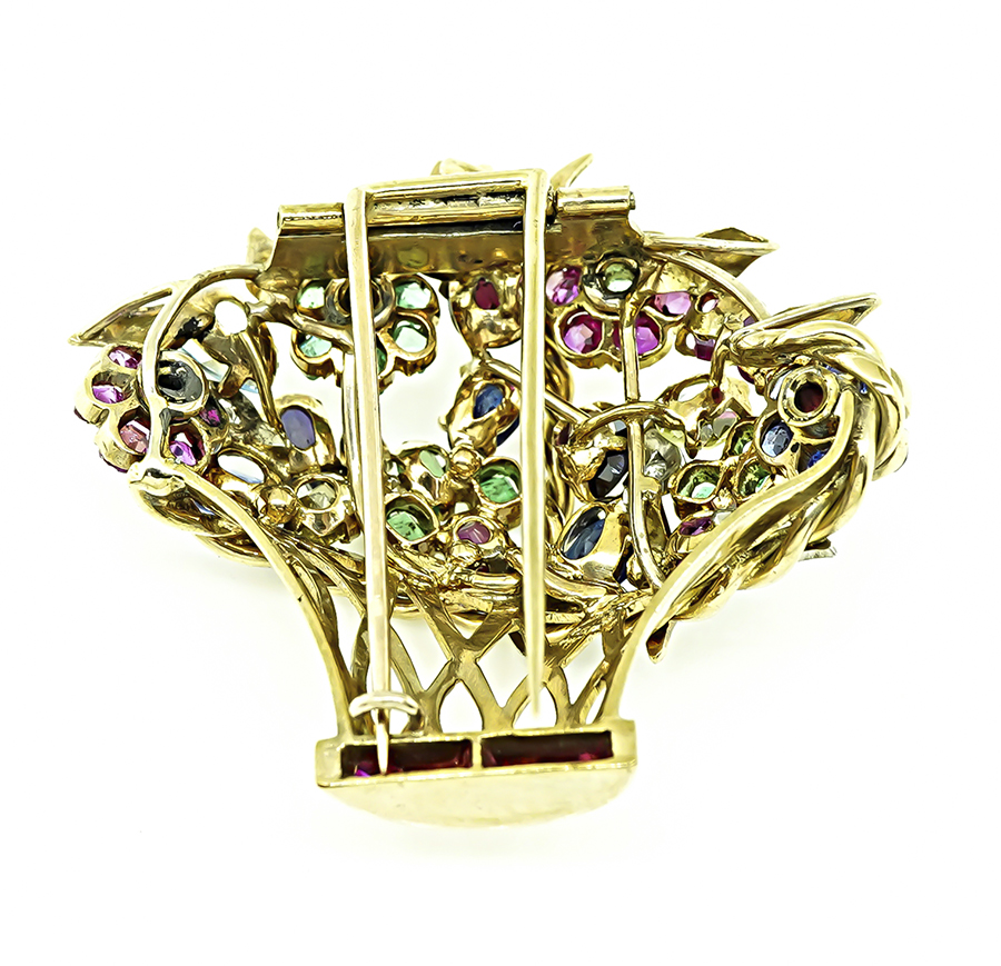 Estate Multi Color Precious Gemstone Gold Basket Pin