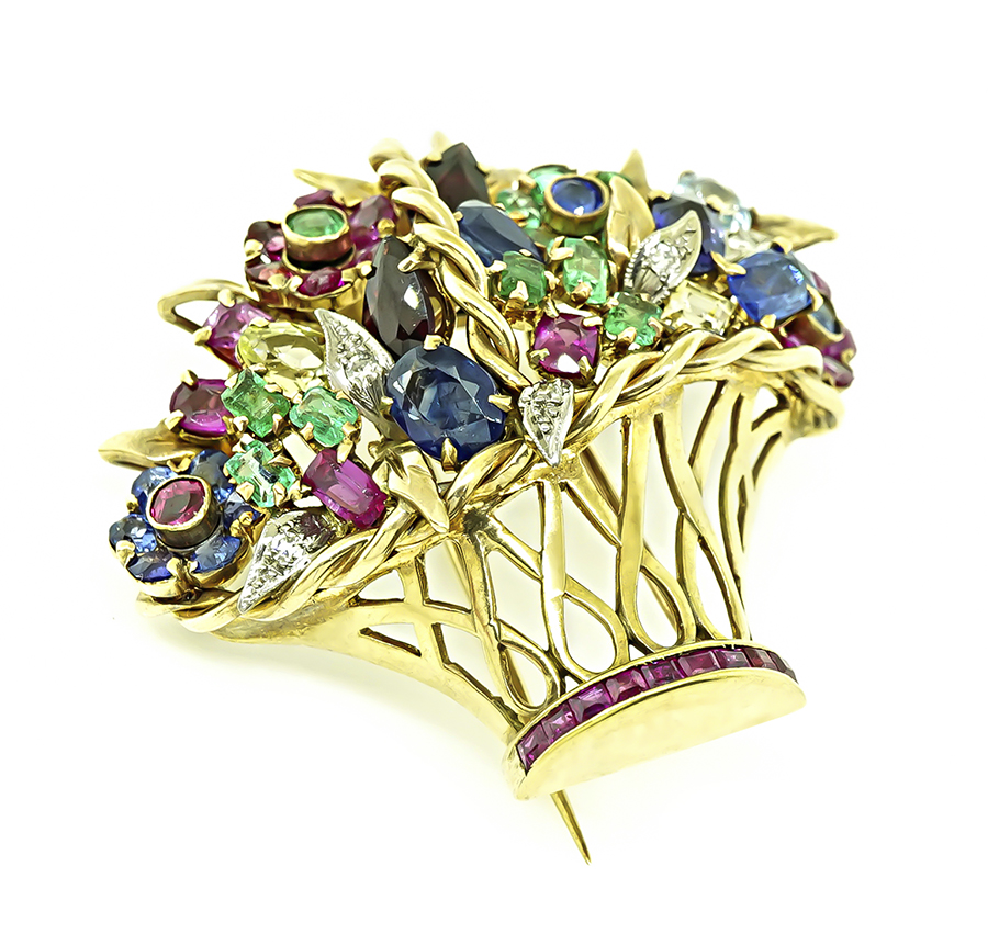 Estate Multi Color Precious Gemstone Gold Basket Pin