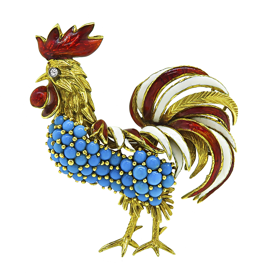 Estate Turquoise Enamel Gold Rooster Pin