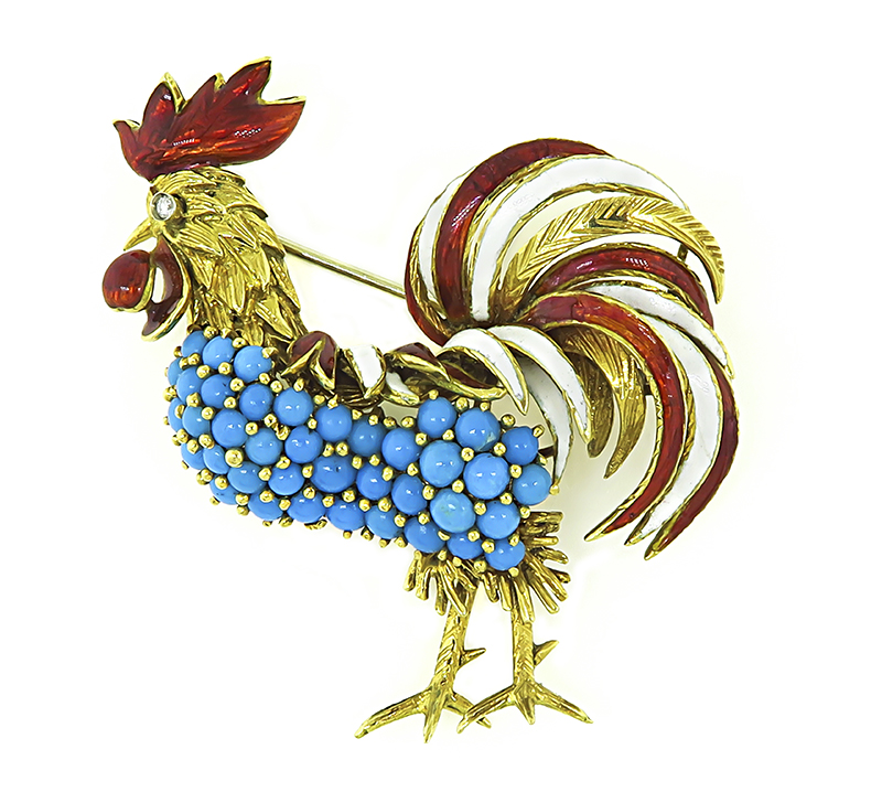 Estate Turquoise Enamel Gold Rooster Pin