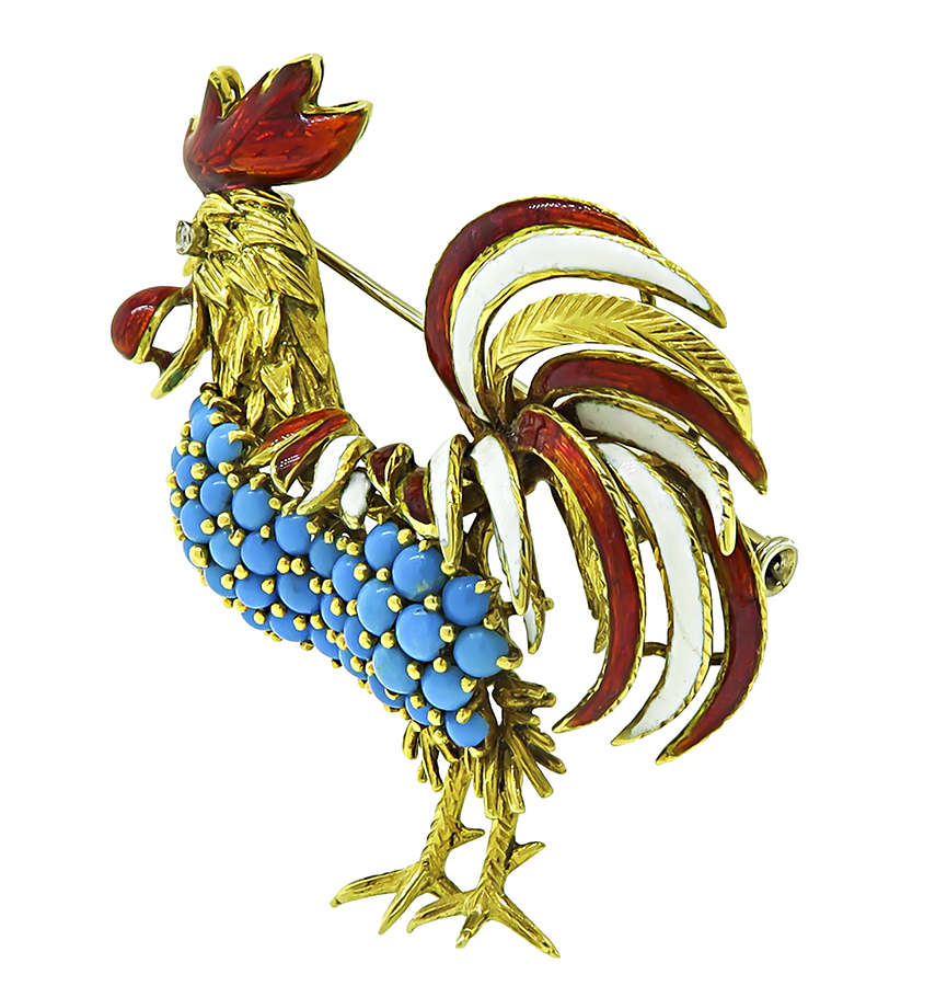Estate Turquoise Enamel Gold Rooster Pin