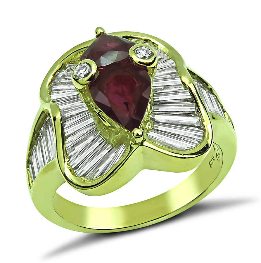Pear Shape Ruby Baguette and Round Cut Diamond 18k Yellow Gold Ring